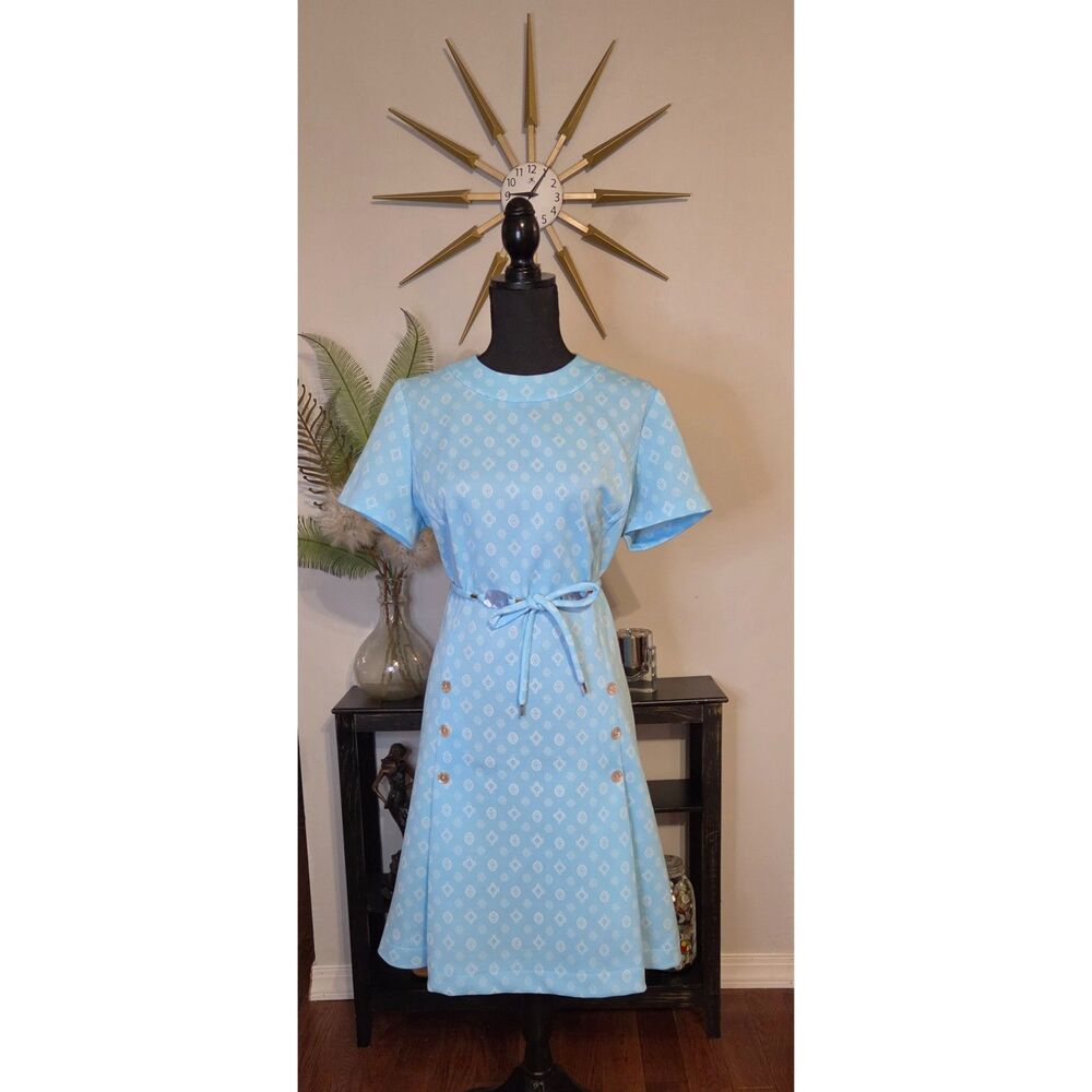 Vintage Powder Blue Geometric Print Dress-Perfect Condition-Size 10-12